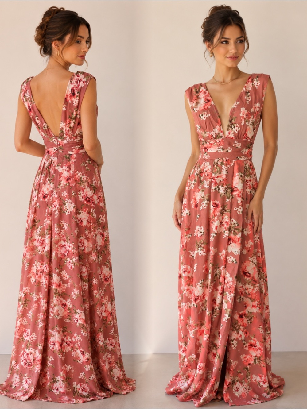 Dusty Rose Floral V-Neck Maxi Dress